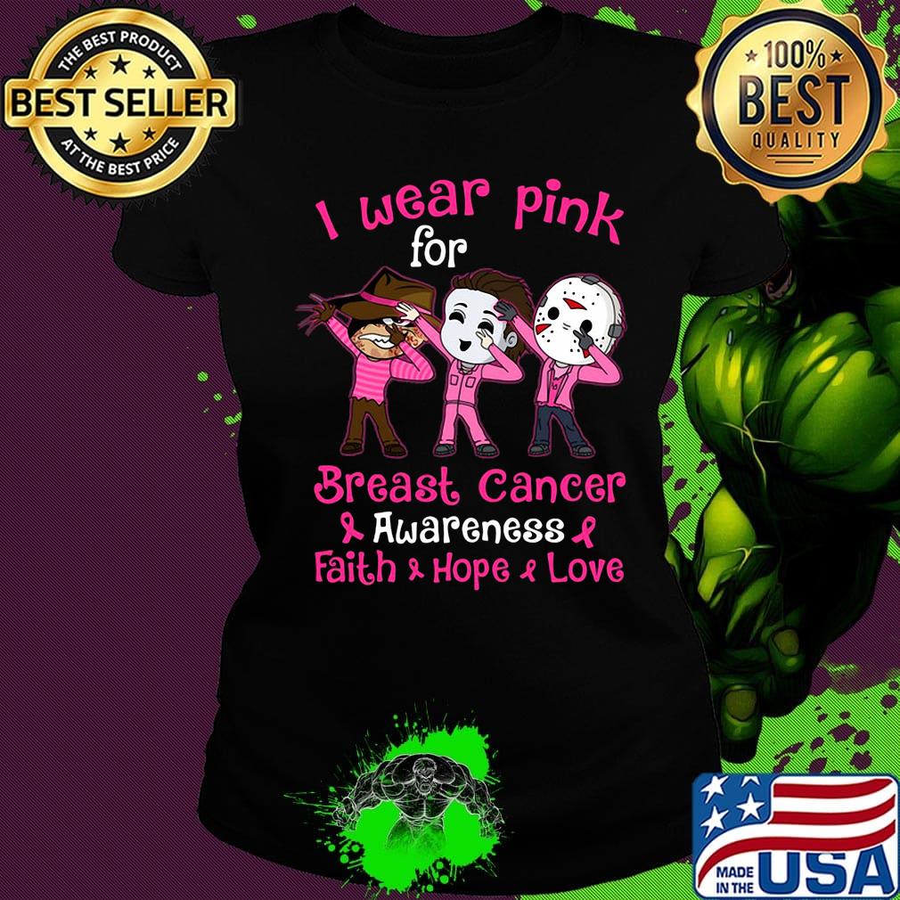 Halloween horror characters i wear pink for breast cancer awareness faith hope love s Ladies tee Halloween horror characters i wear pink for breast cancer awareness faith hope love s Ladies tee