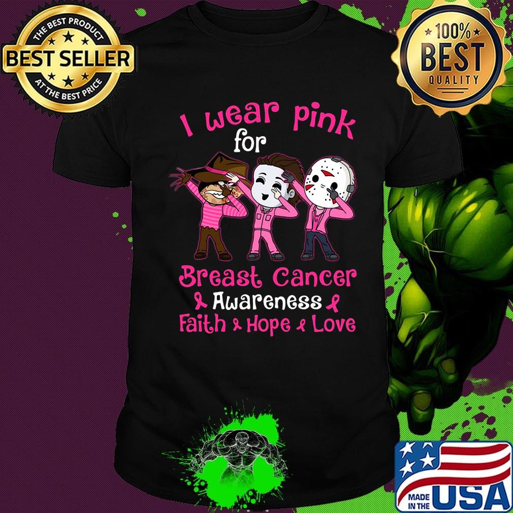 Halloween horror characters i wear pink for breast cancer awareness faith hope love shirt