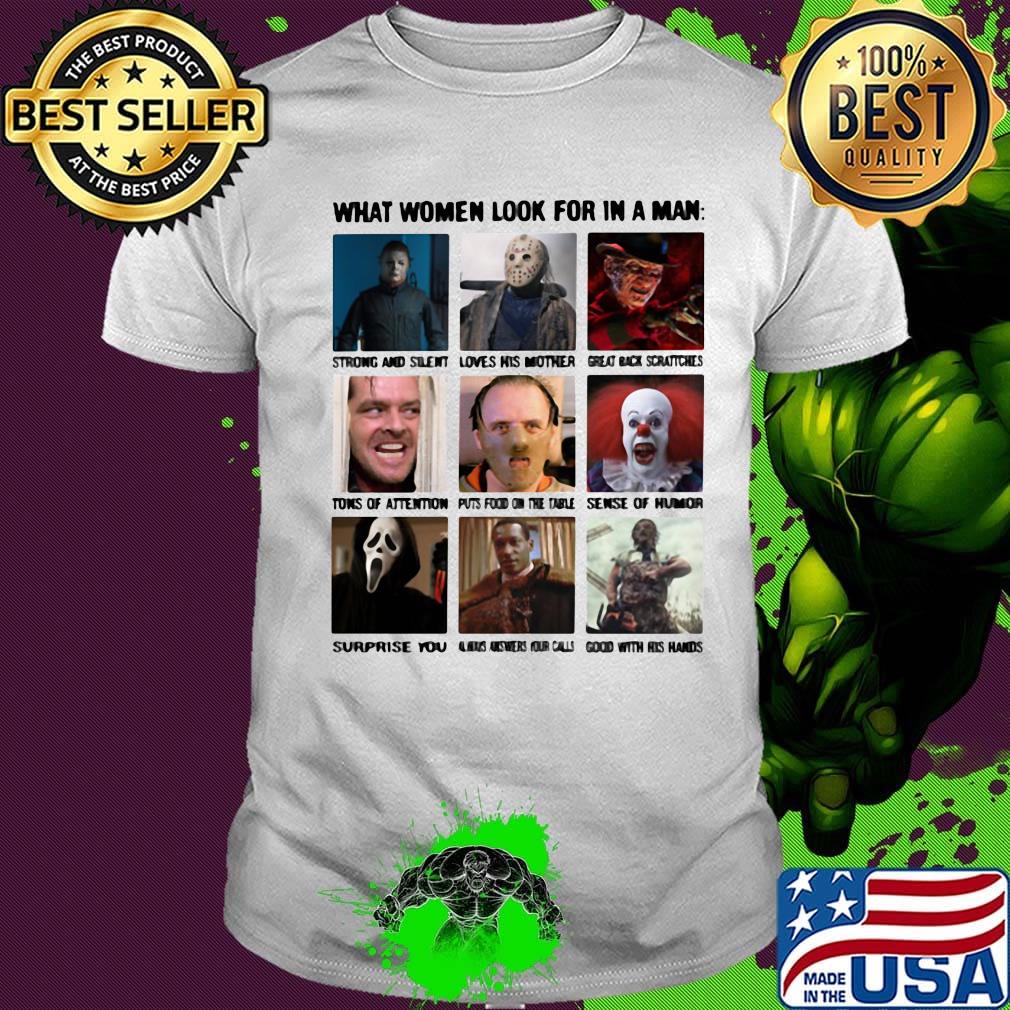 Halloween horror characters what women look for in a man shirt
