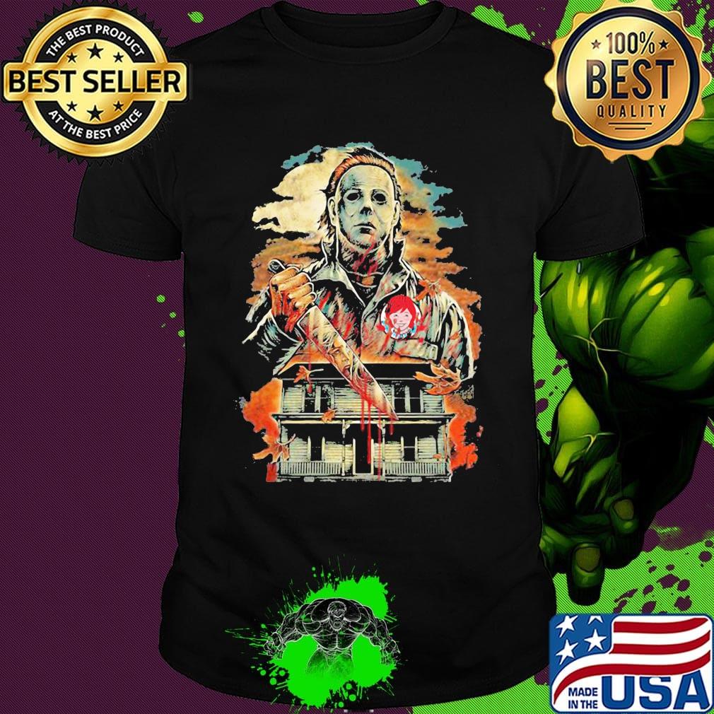 Halloween michael myers holding knife fire wendy's shirt