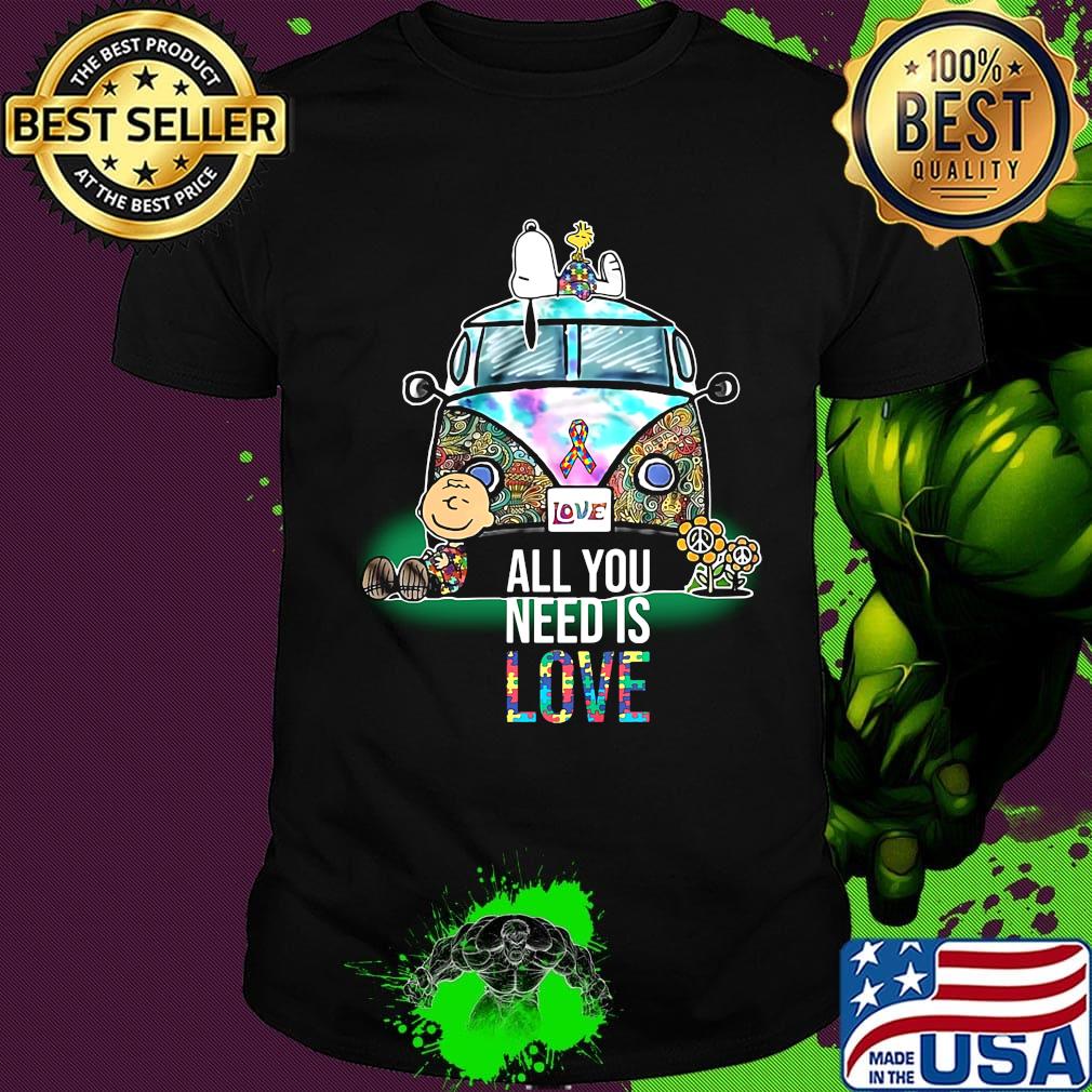 Hippie bus snoopy and charlie brown all you need is love autism cancer awareness shirt