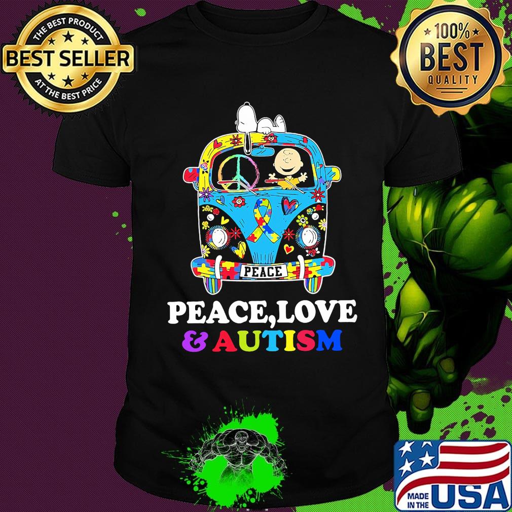 Hippie bus snoopy and charlie brown peace love and autism shirt