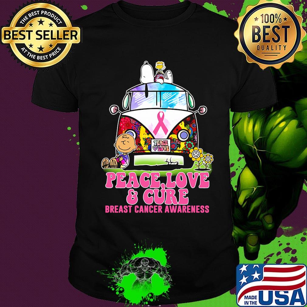 Hippie bus snoopy and charlie brown peace love and cure breast cancer awareness shirt