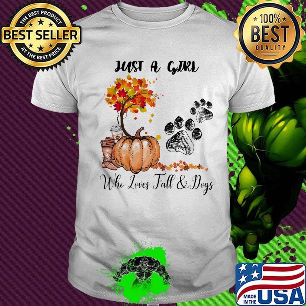 Just a girl who loves fall and dogs footprint tree pumpkin shirt