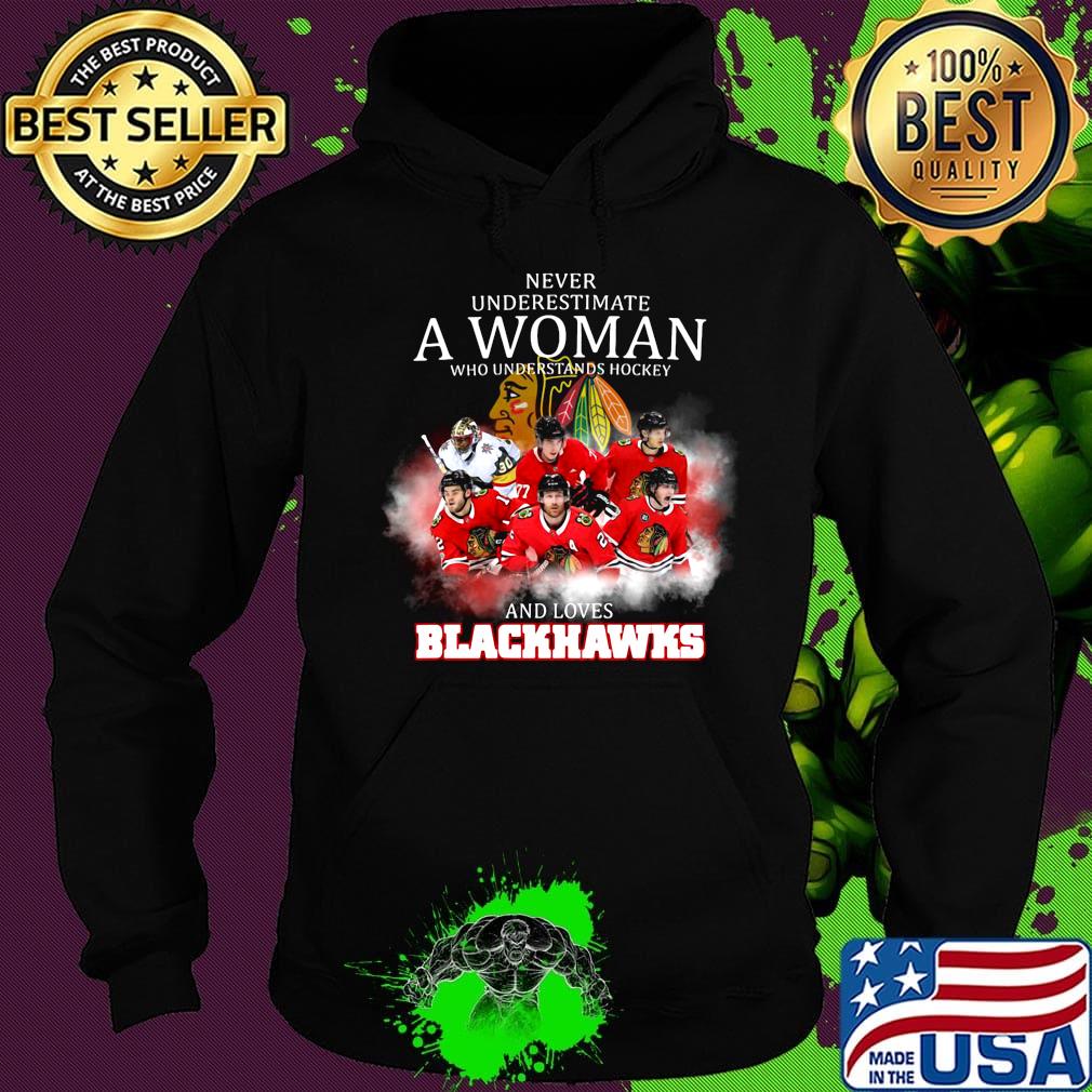 Never underestimate a woman who understands hockey and loves blackhawks logo s Hoodie Never underestimate a woman who understands hockey and loves blackhawks logo s Hoodie