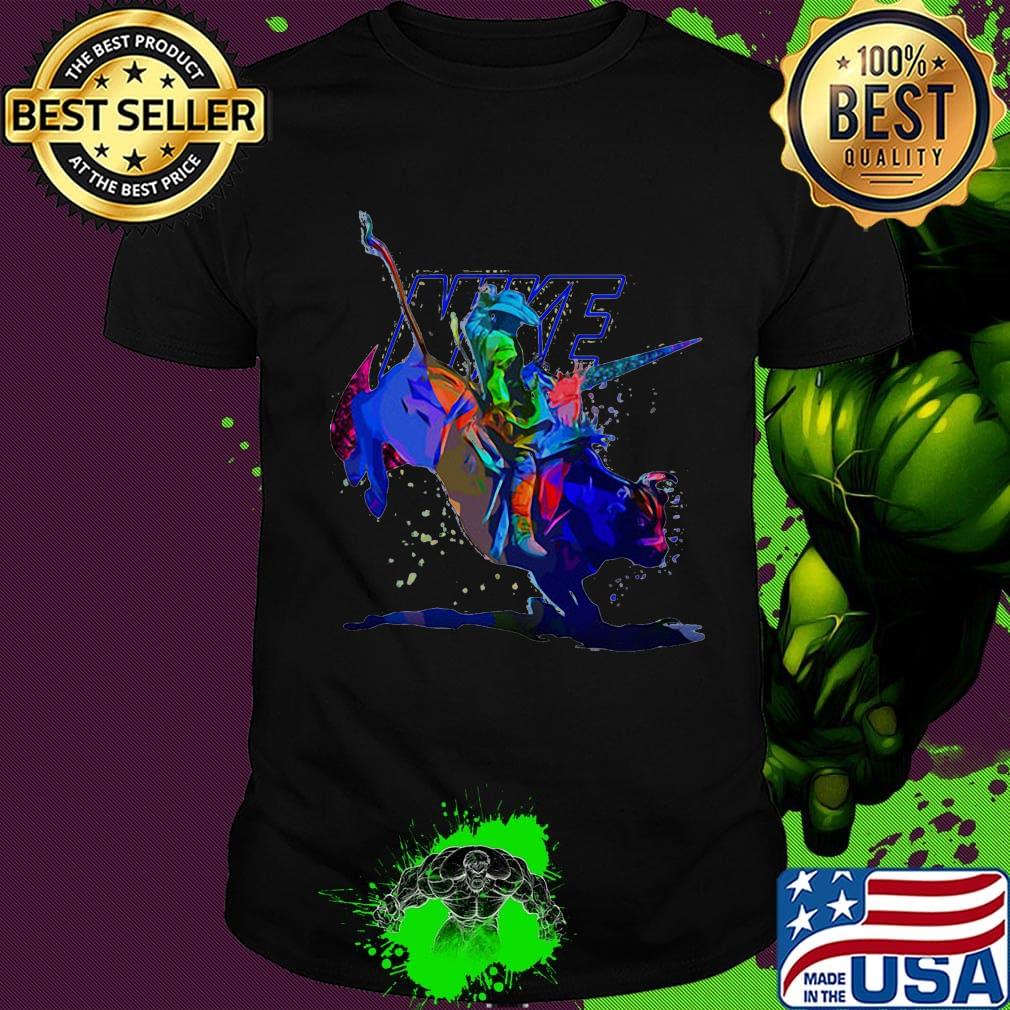 Riding a buffalo nike logo color shirt