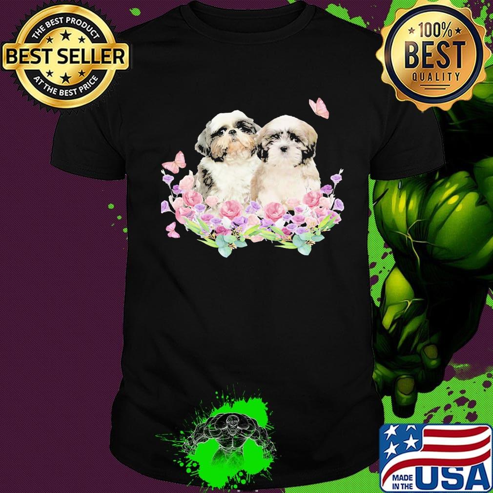 Shih Tzu couple butterfly flowers shirt