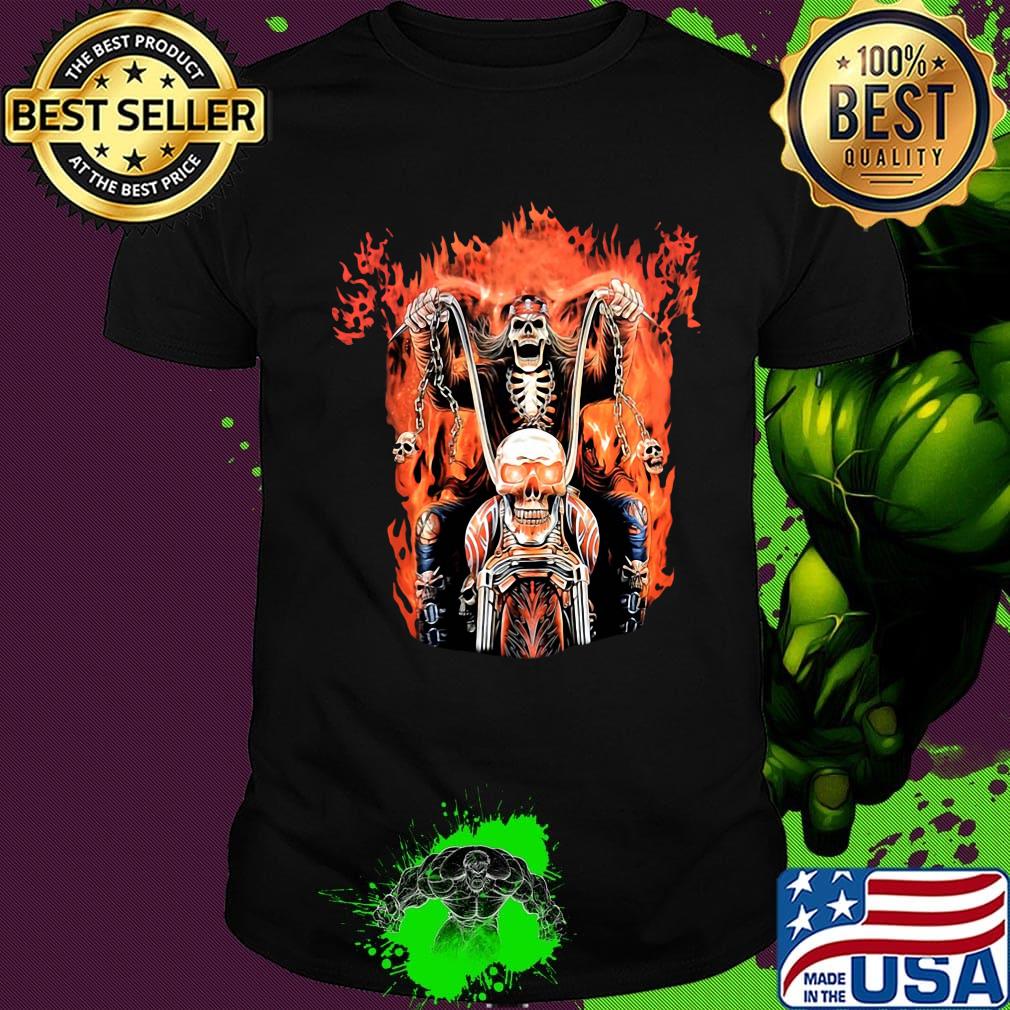 Skeleton death riding a motorcycle fire shirt