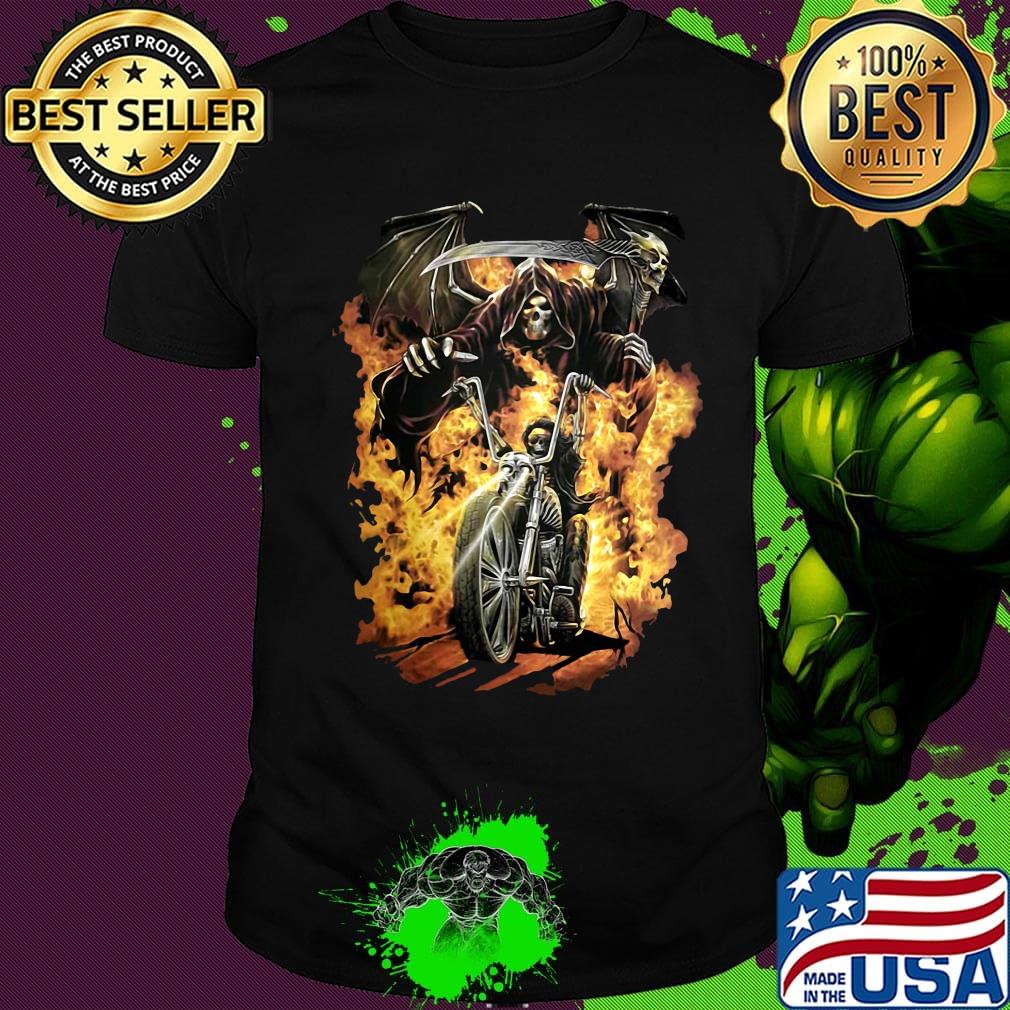 Skeleton death riding motorcycle fire shirt