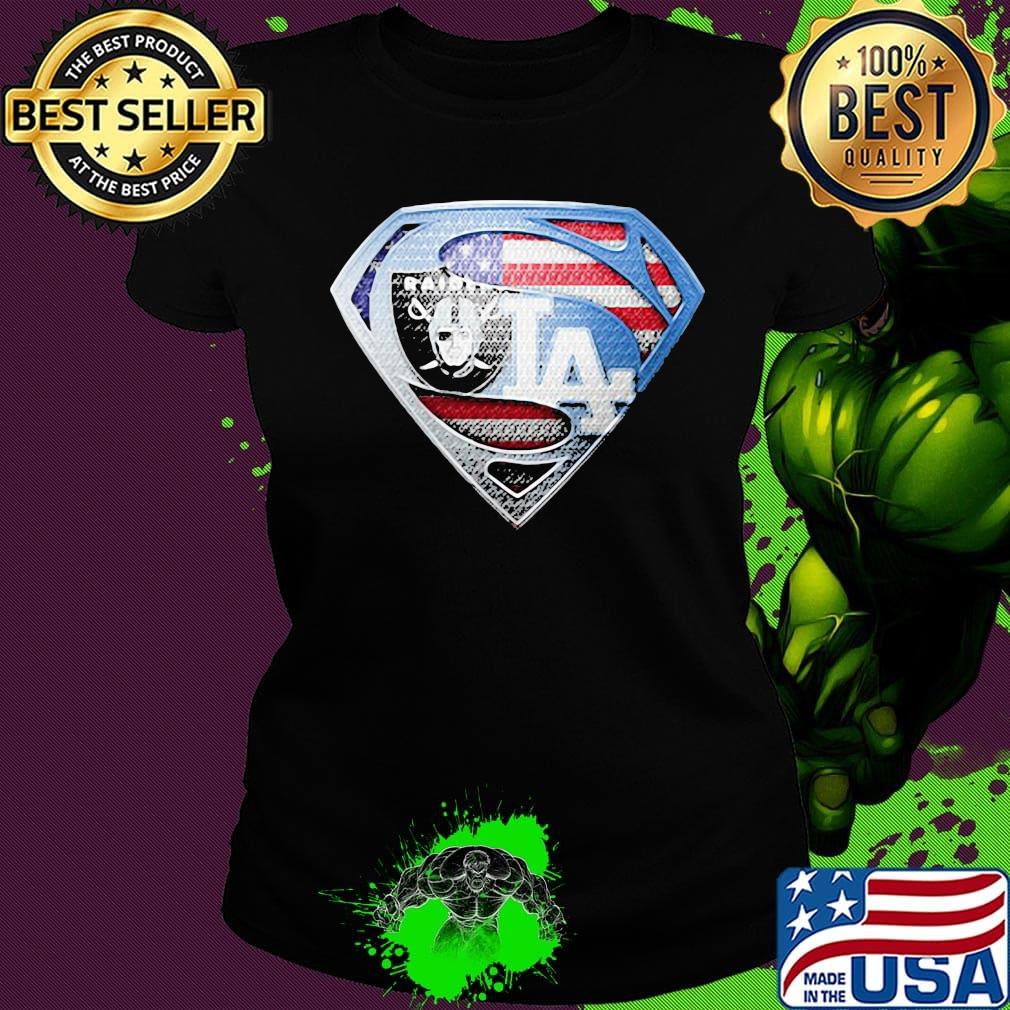 Superman los angeles raiders and los angeles dodgers american flag s Ladies tee Superman los angeles raiders and los angeles dodgers american flag s Ladies tee