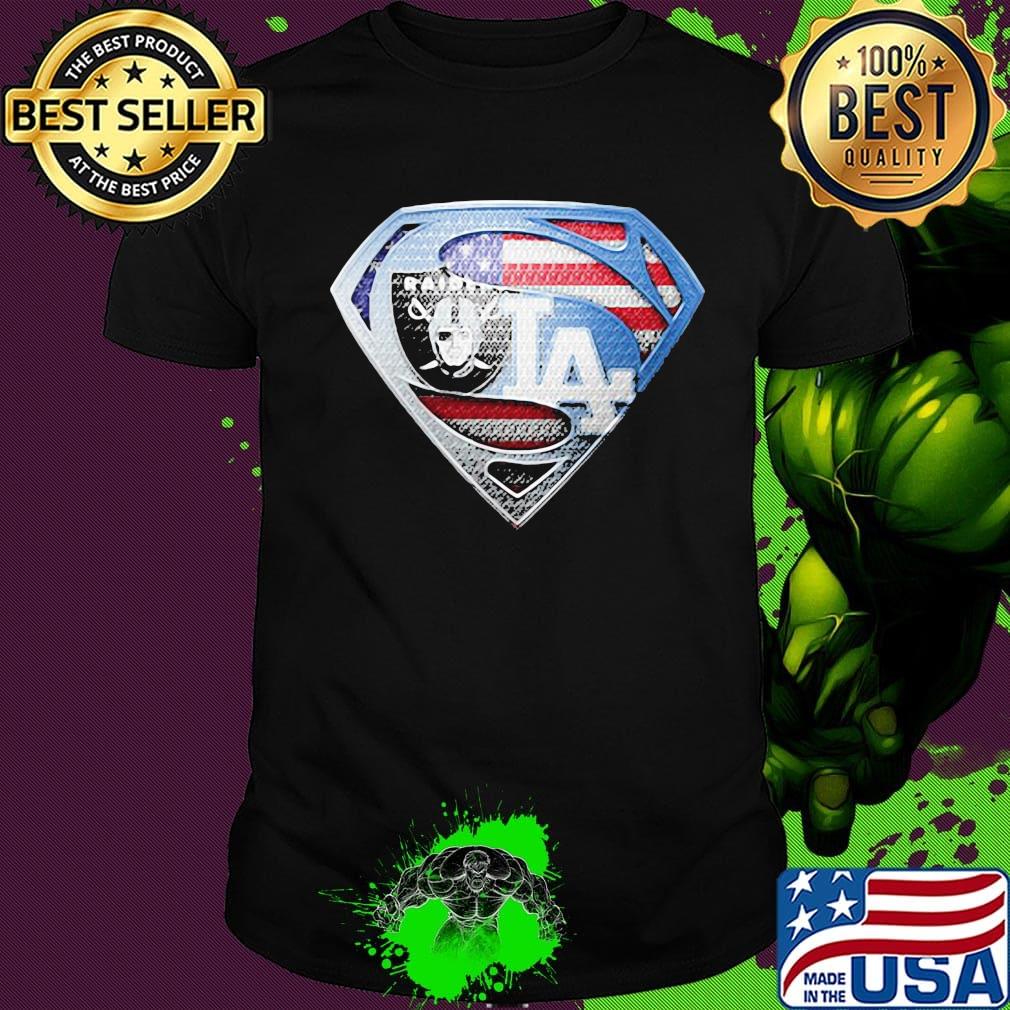Superman los angeles raiders and los angeles dodgers american flag shirt Superman los angeles raiders and los angeles dodgers american flag shirt