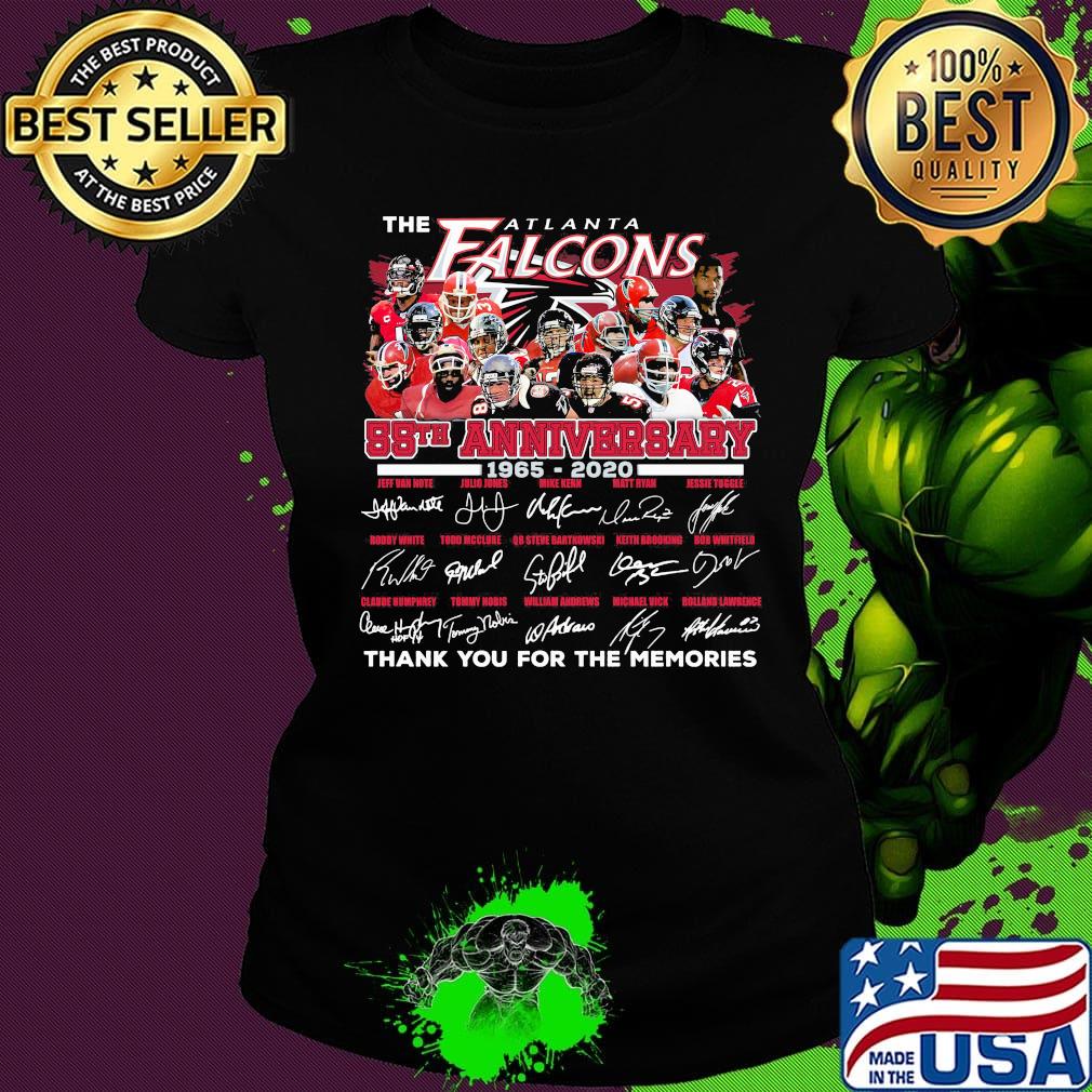 The atlanta falcons 55th anniversary 1965 2020 thank you for the memories signature s Ladies tee The atlanta falcons 55th anniversary 1965 2020 thank you for the memories signature s Ladies tee