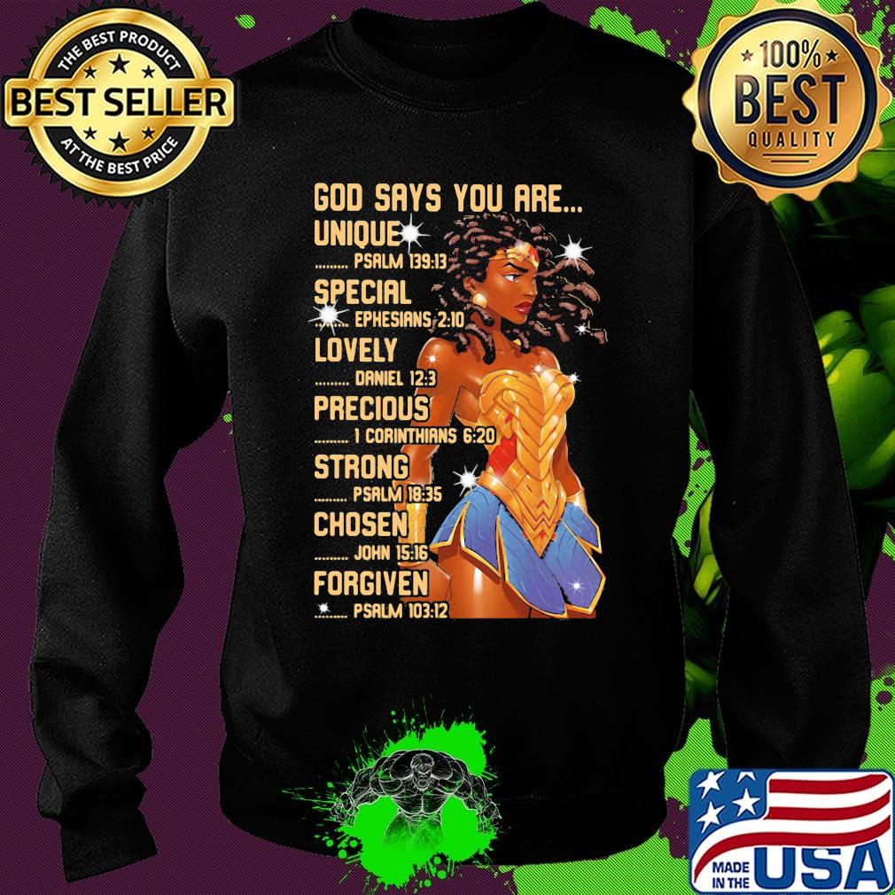 Wonder woman god says you are unique special lovely precious strong chosen forgiven s Sweater Wonder woman god says you are unique special lovely precious strong chosen forgiven s Sweater