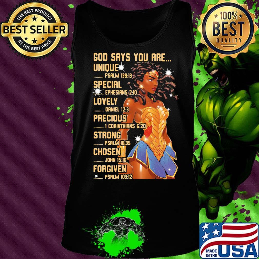 Wonder woman god says you are unique special lovely precious strong chosen forgiven s Tank top Wonder woman god says you are unique special lovely precious strong chosen forgiven s Tank top