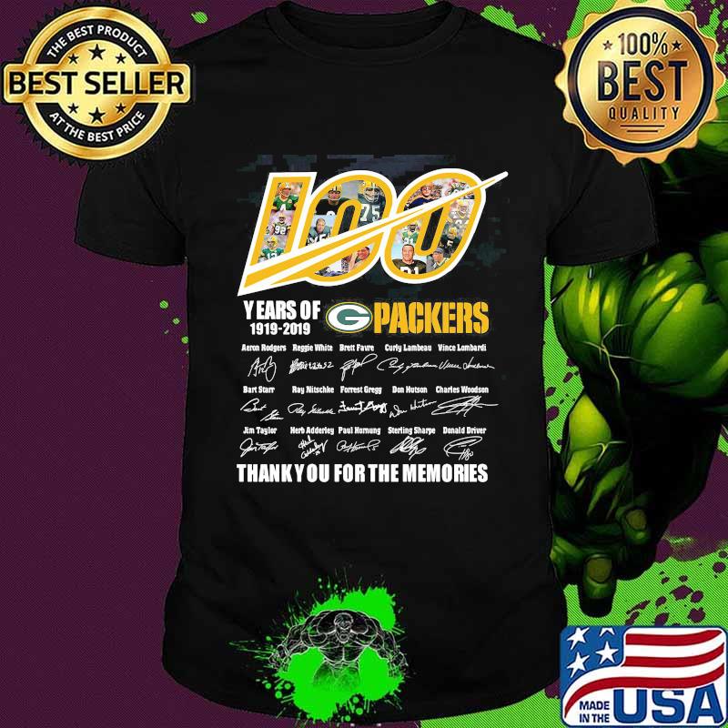 100 years of 1919 2019 green bay packers thank you for the memories signatures shirt