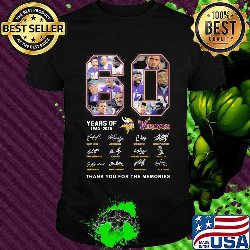 60 years of 1960 2020 minnesota vikings thank you for the memories signatures shirt