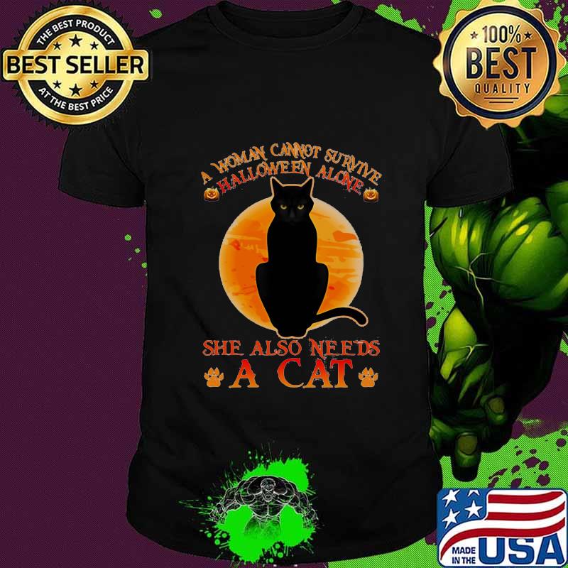 A woman cannot survive halloween alone she also needs a paw cat moon shirt