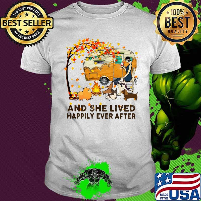 AND SHE LIVED HAPPILY EVER AFTER CAMPING DOG LADY CAMPING AUTUMN SHIRT