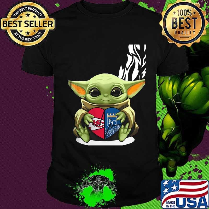 Baby yoda hug heart kansas city chiefs and kansas city royals shirt