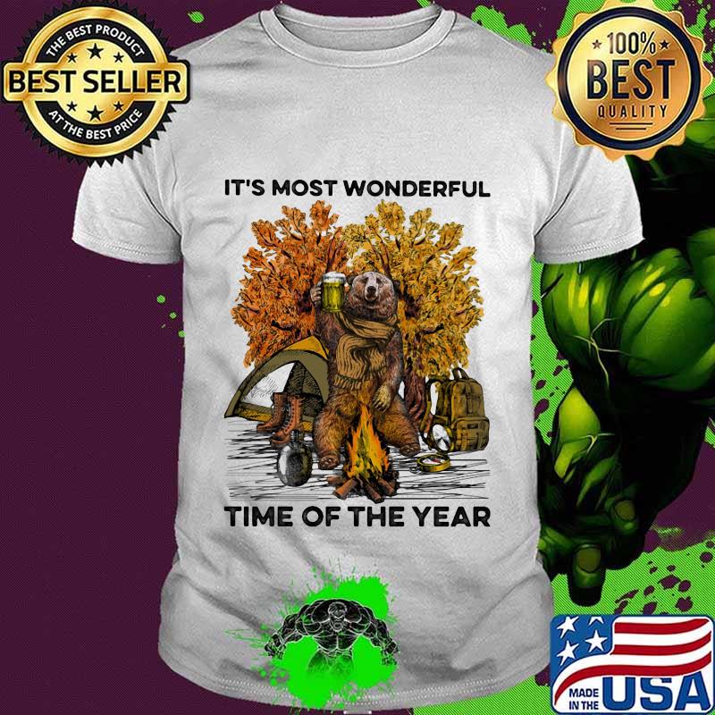Bear drink beer camping it's the most wonderful time of the year leaves tree shirt