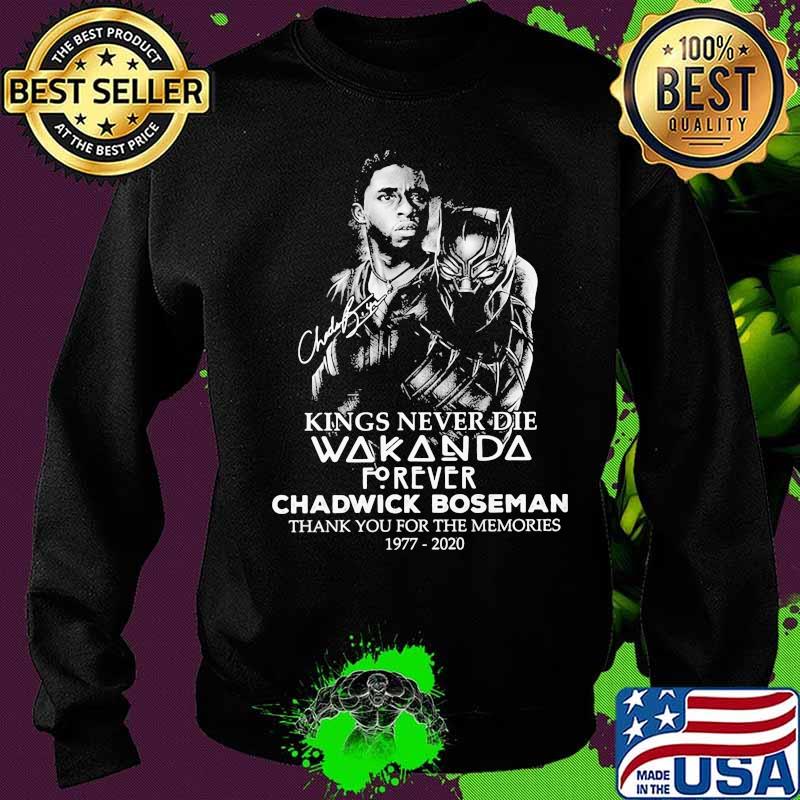 Black panther kings never die wakanda forever rip chadwick Boseman thank you for the memories 1977 2020 signature s Sweater Black panther kings never die wakanda forever rip chadwick Boseman thank you for the memories 1977 2020 signature s Sweater