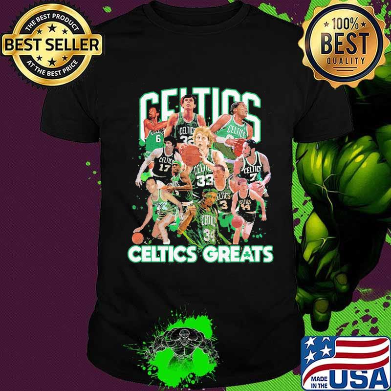 Celtics greatest players in baseball shirt
