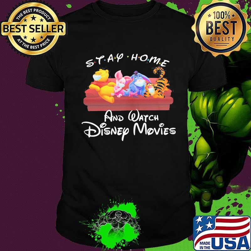 Disney cartoon characters mask sitting sofa tray home and watch disney movies shirt
