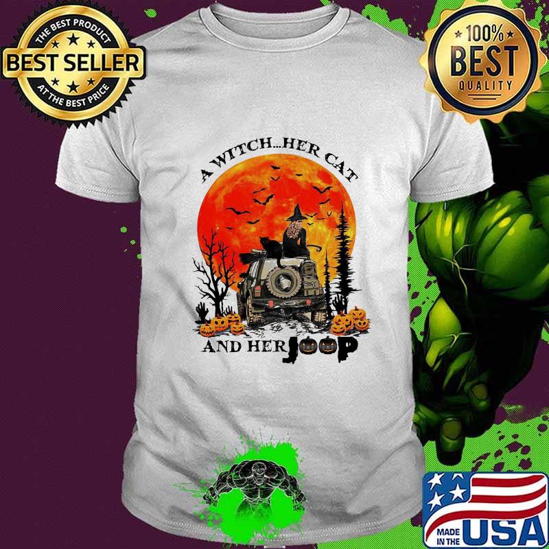 Halloween a witch her cat and her pumpkins sunset shirt