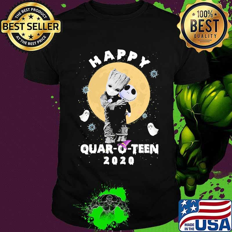 Halloween baby groot and jack skellinton happy quar-o-teen 2020 moon shirt