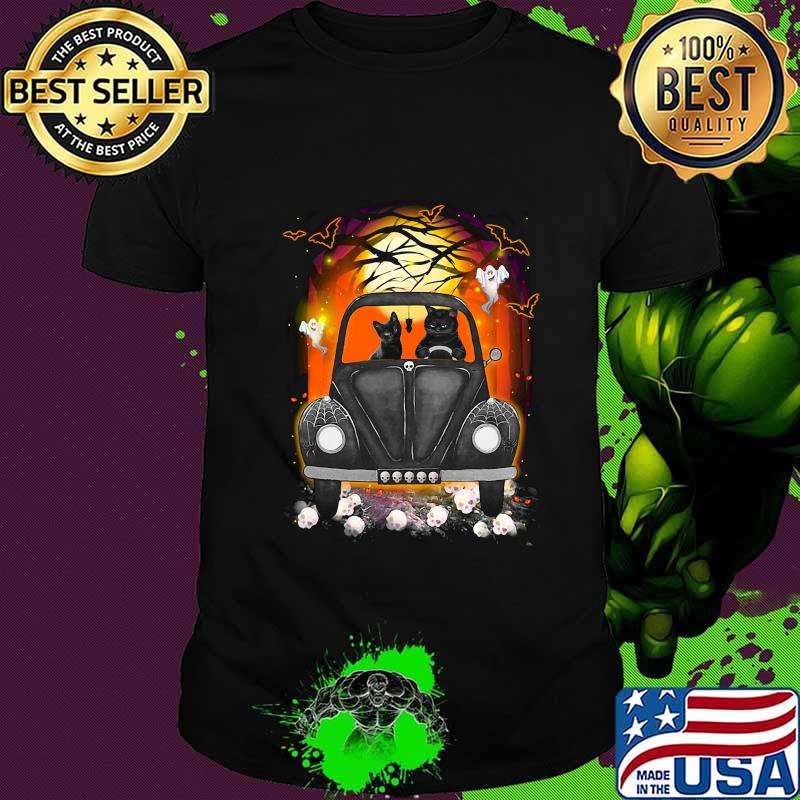 Halloween cats driving car skulls bat shirt