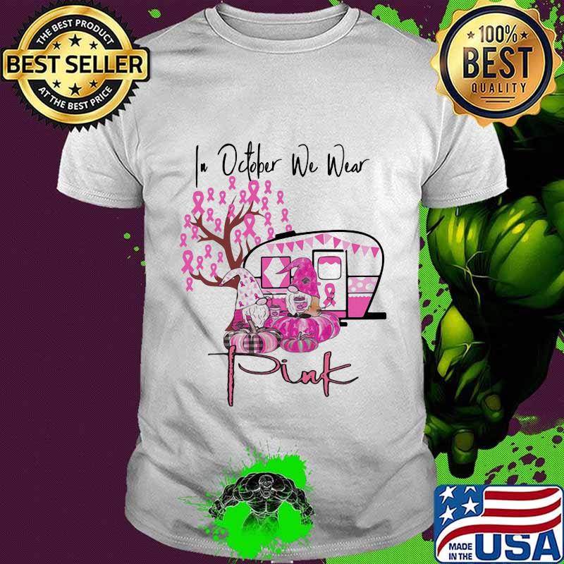 Halloween gnomes in october we wear pink pumpkin cancer awareness shirt