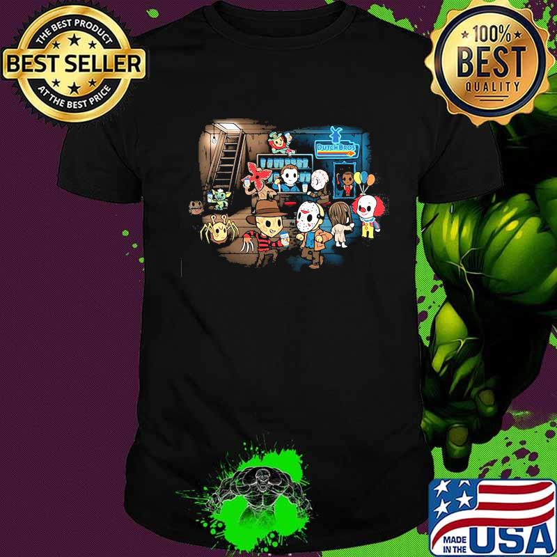 Halloween horror characters bar dutch bros shirt