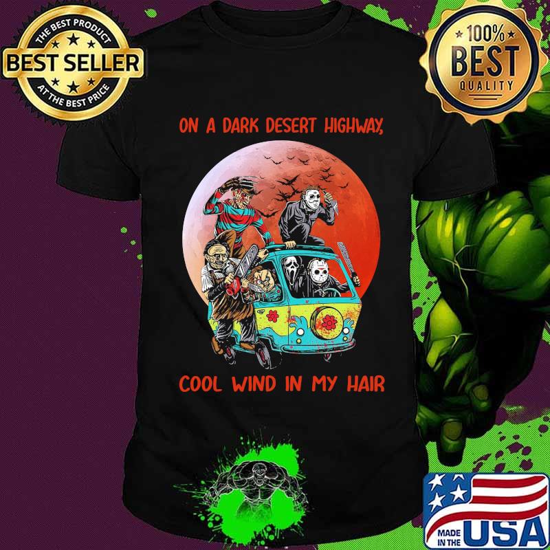 Halloween horror characters on a dark desert highway cool wind in my hair sunset shirt