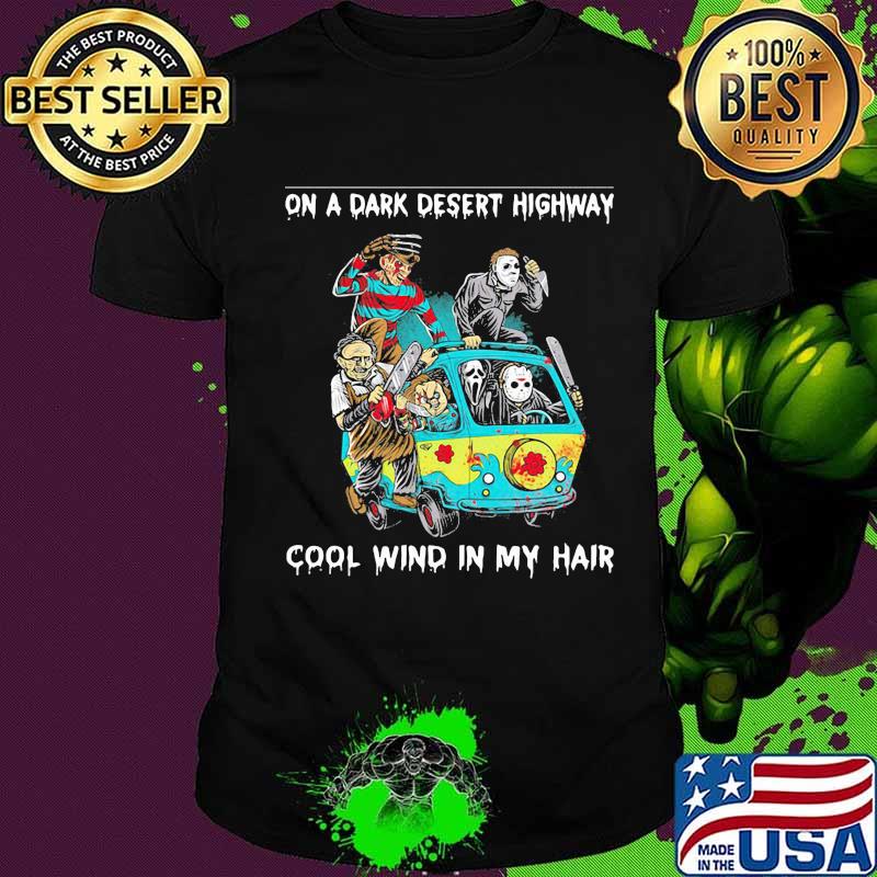 Halloween horror characters riding bus on a dark desert highway cool wind in my hair shirt