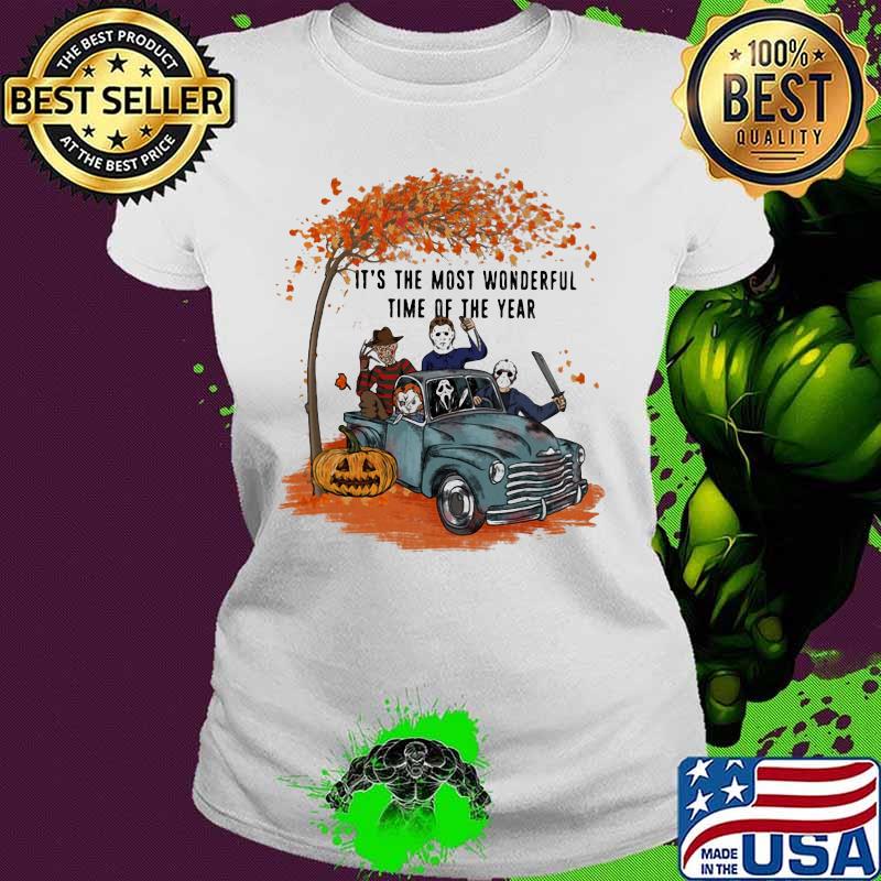 Halloween horror characters riding car it's the most wonderful time of the year leaves tree s Ladies tee Halloween horror characters riding car it's the most wonderful time of the year leaves tree s Ladies tee