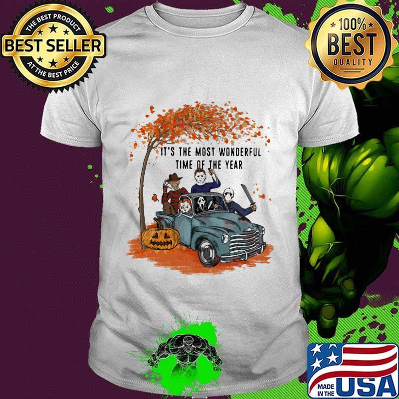 Halloween horror characters riding car it's the most wonderful time of the year leaves tree shirt