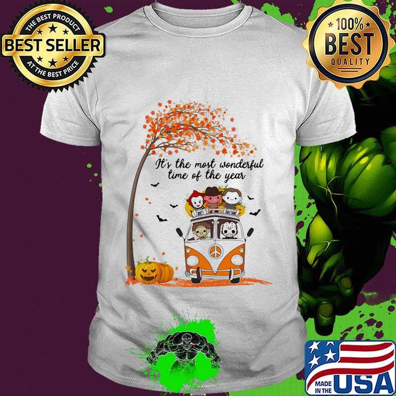 Halloween horror characters riding peace bus it's the most wonderful time of the year maple leaves tree shirt