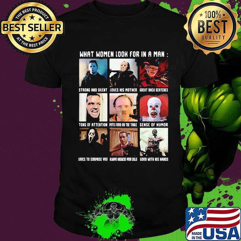 Halloween horror characters what women look for in a man shirt