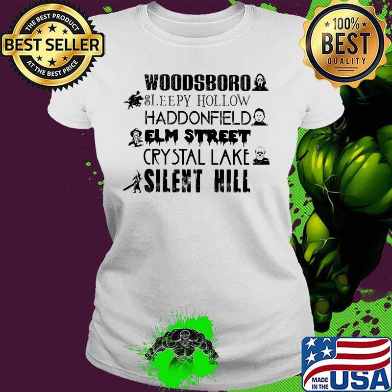 Halloween horror characters woodsboro sleepy hollow haddonfield elm street crystal lake silent hill s Ladies tee Halloween horror characters woodsboro sleepy hollow haddonfield elm street crystal lake silent hill s Ladies tee