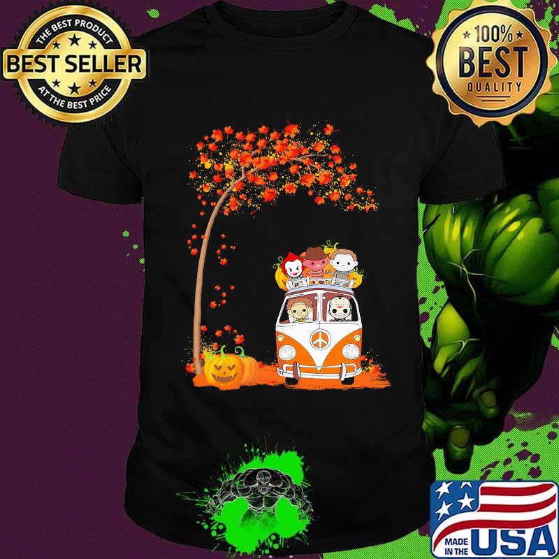 Halloween peace bus horror characters leaves tree shirt