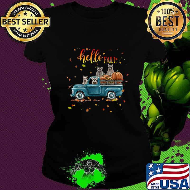 Halloween raccoon riding car hello fall pumpkin s Ladies tee Halloween raccoon riding car hello fall pumpkin s Ladies tee