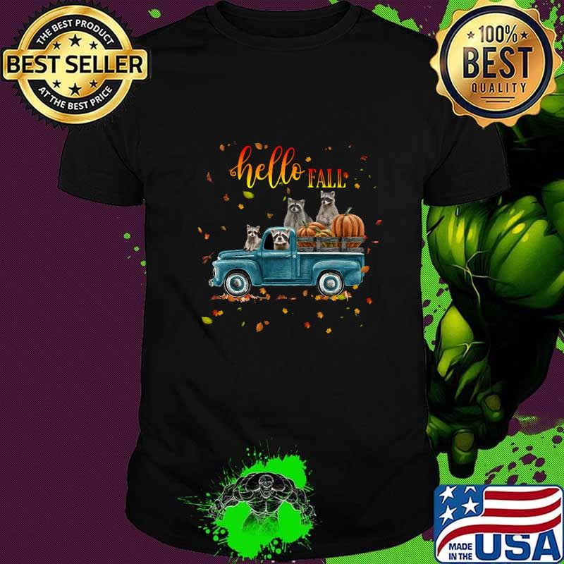 Halloween raccoon riding car hello fall pumpkin shirt