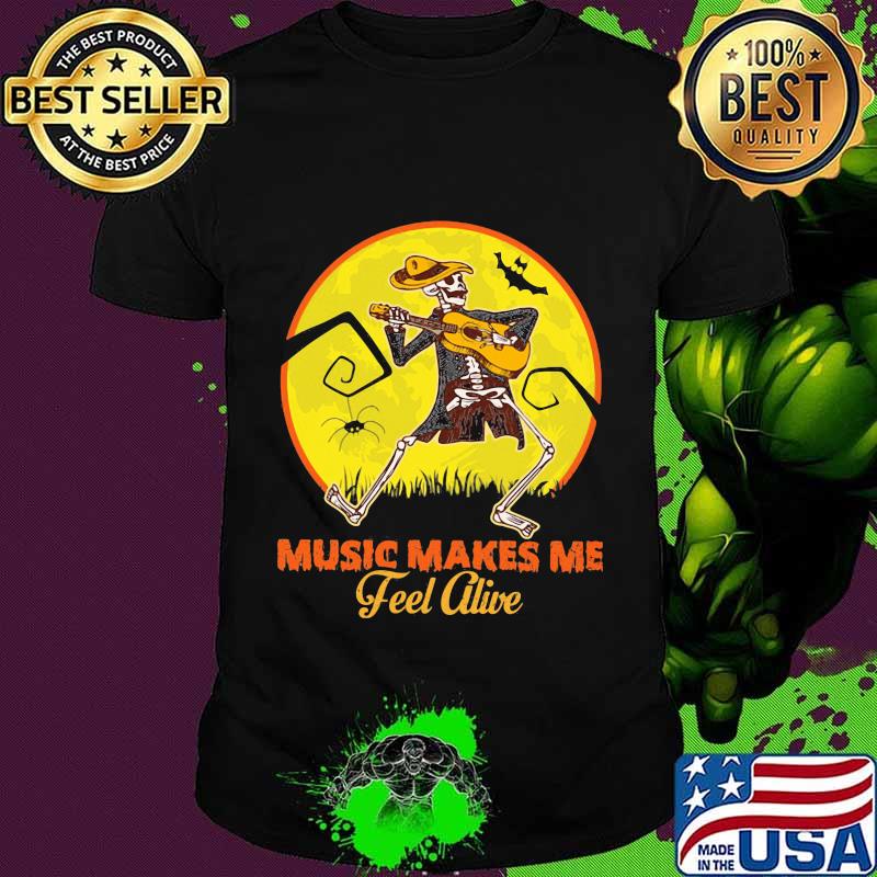 Halloween skeleton music makes me feel alive moon shirt
