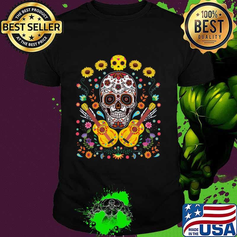 Halloween sugar skull guitar sunflowers shirt