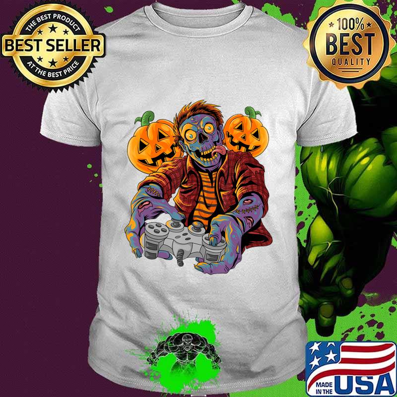 Halloween Zombie Video Gamer Controllers With Pumpkin T-Shirt Copy