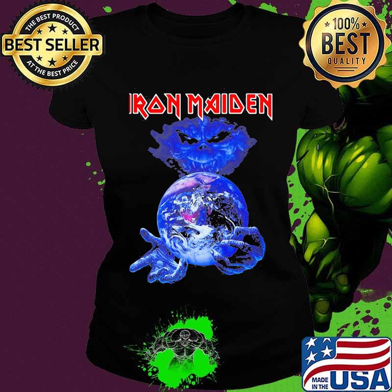 Iron maiden band skeleton holding earth s Ladies tee Iron maiden band skeleton holding earth s Ladies tee