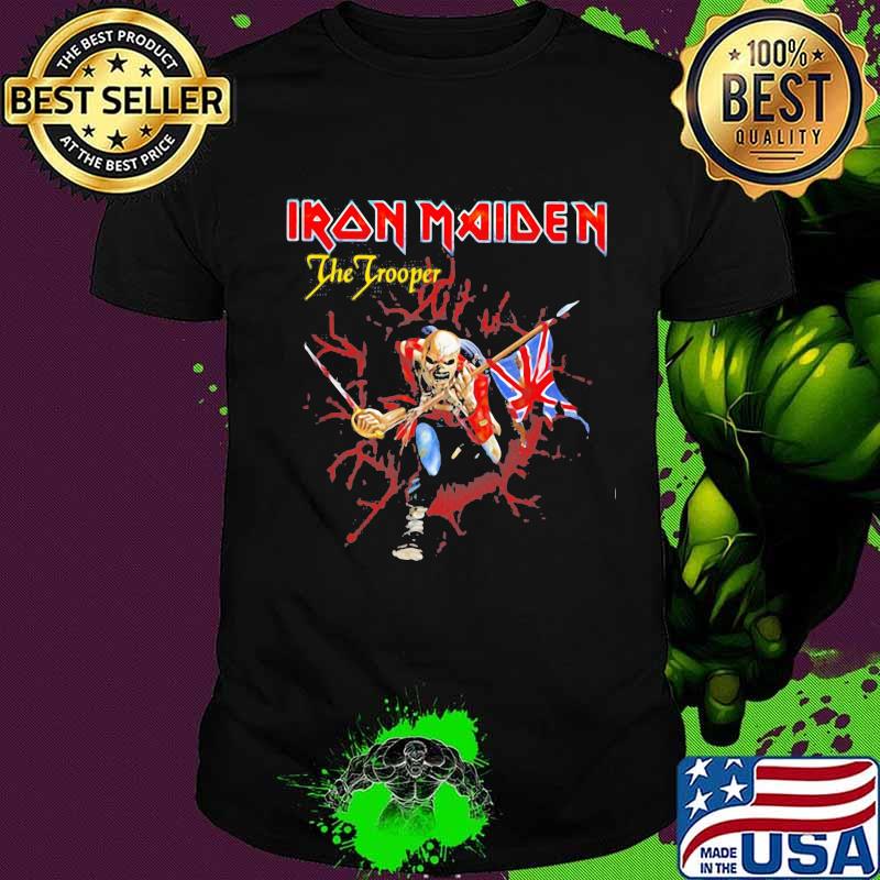 Iron maiden band the trooper skeleton holding british flag shirt