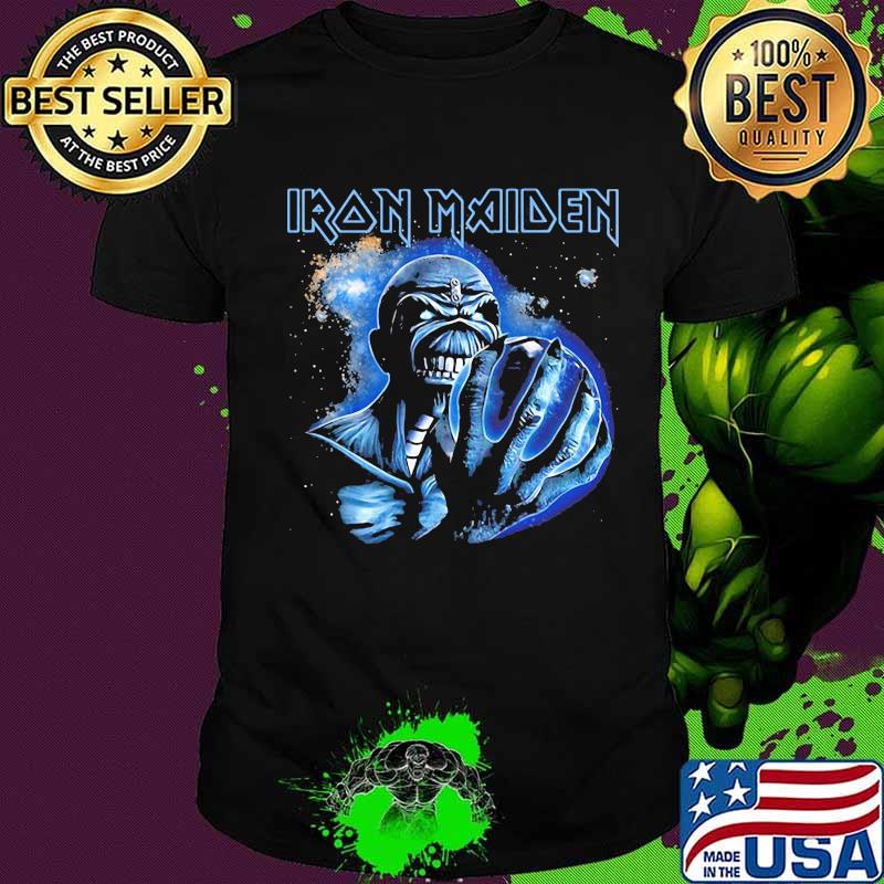 Iron maiden skeleton holding earth shirt