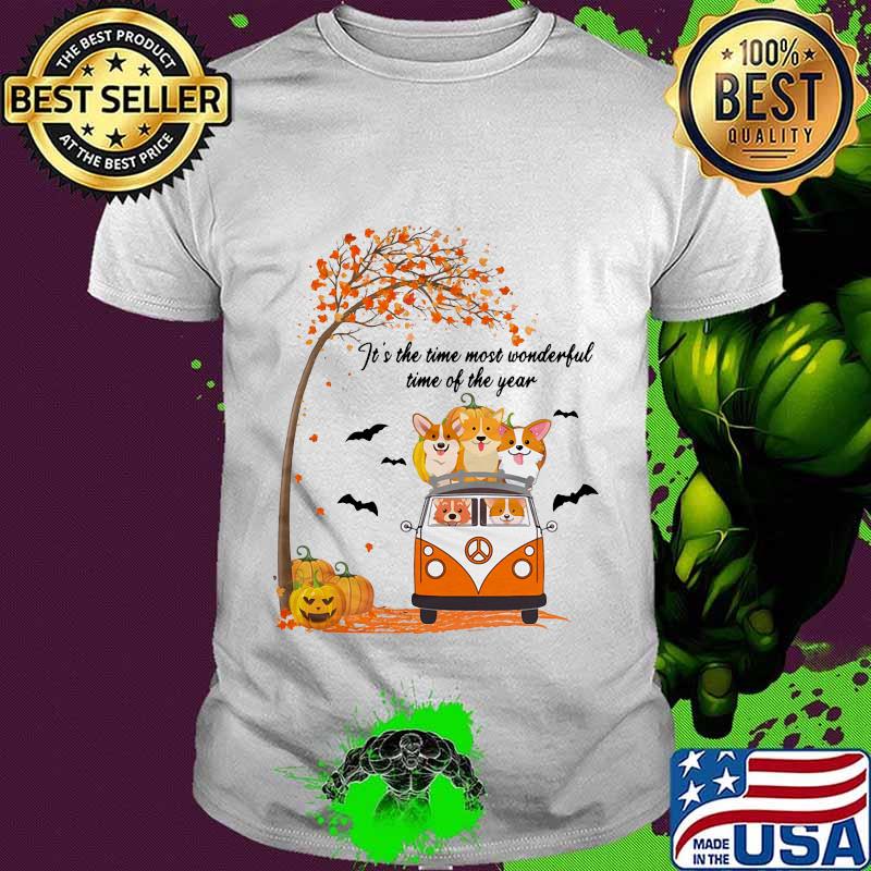IT'S THE TIME MOST WONDERFUL TIME OF THE YEAR PEACE BUS CORGI PUMPKIN HALLOWEEN SHIRT