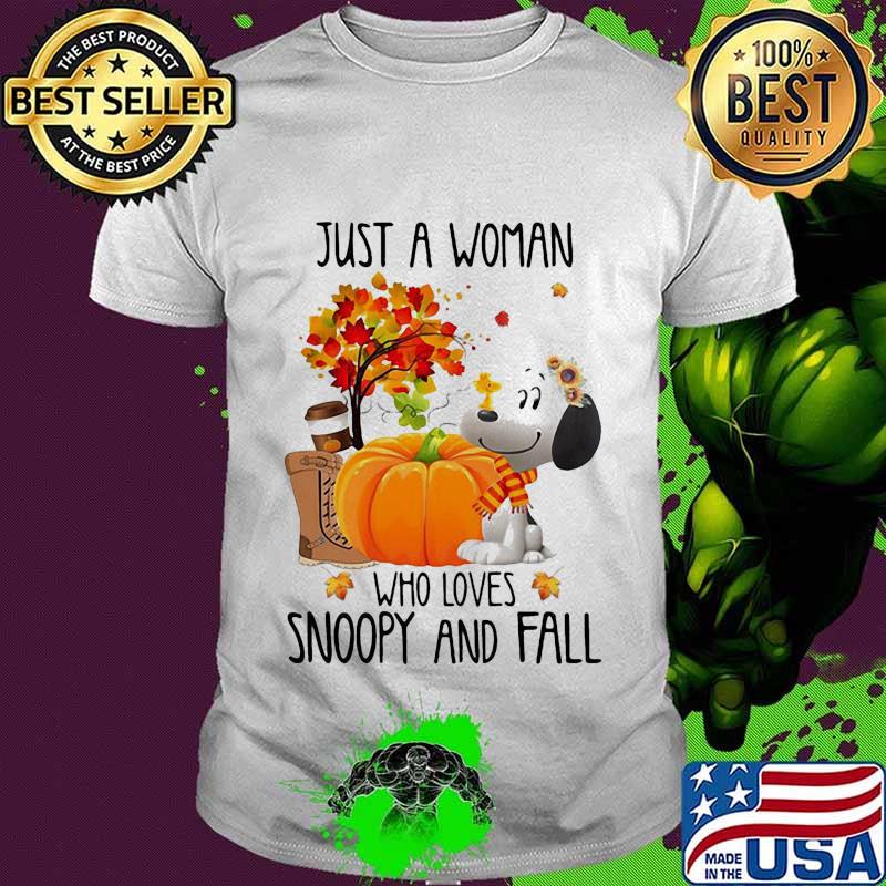 Just a woman who loves snoopy and fall pumpkin maple leaves shirt